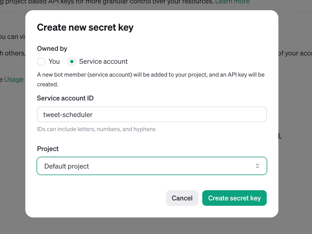 Creating new secret key on the OpenAI platform